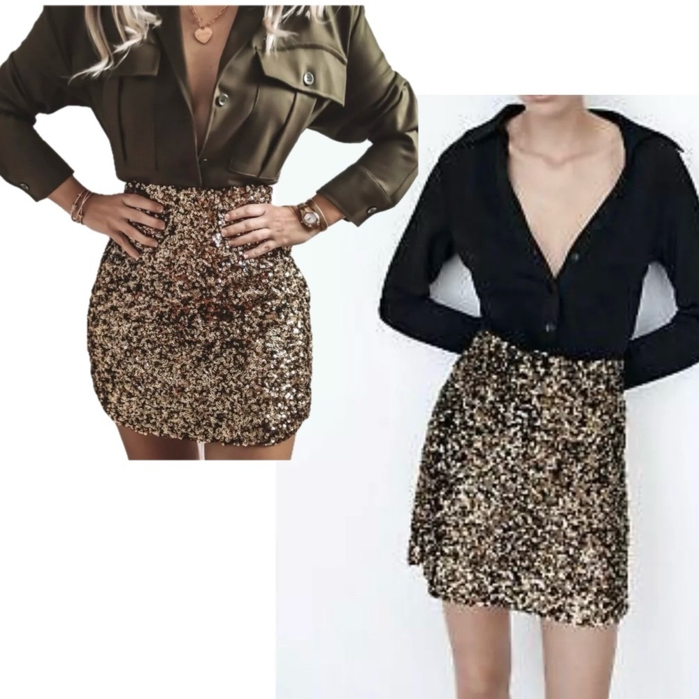 Zara Gold sequin metallic miniskirt stretchy Sz S lined side zip closure sparkly